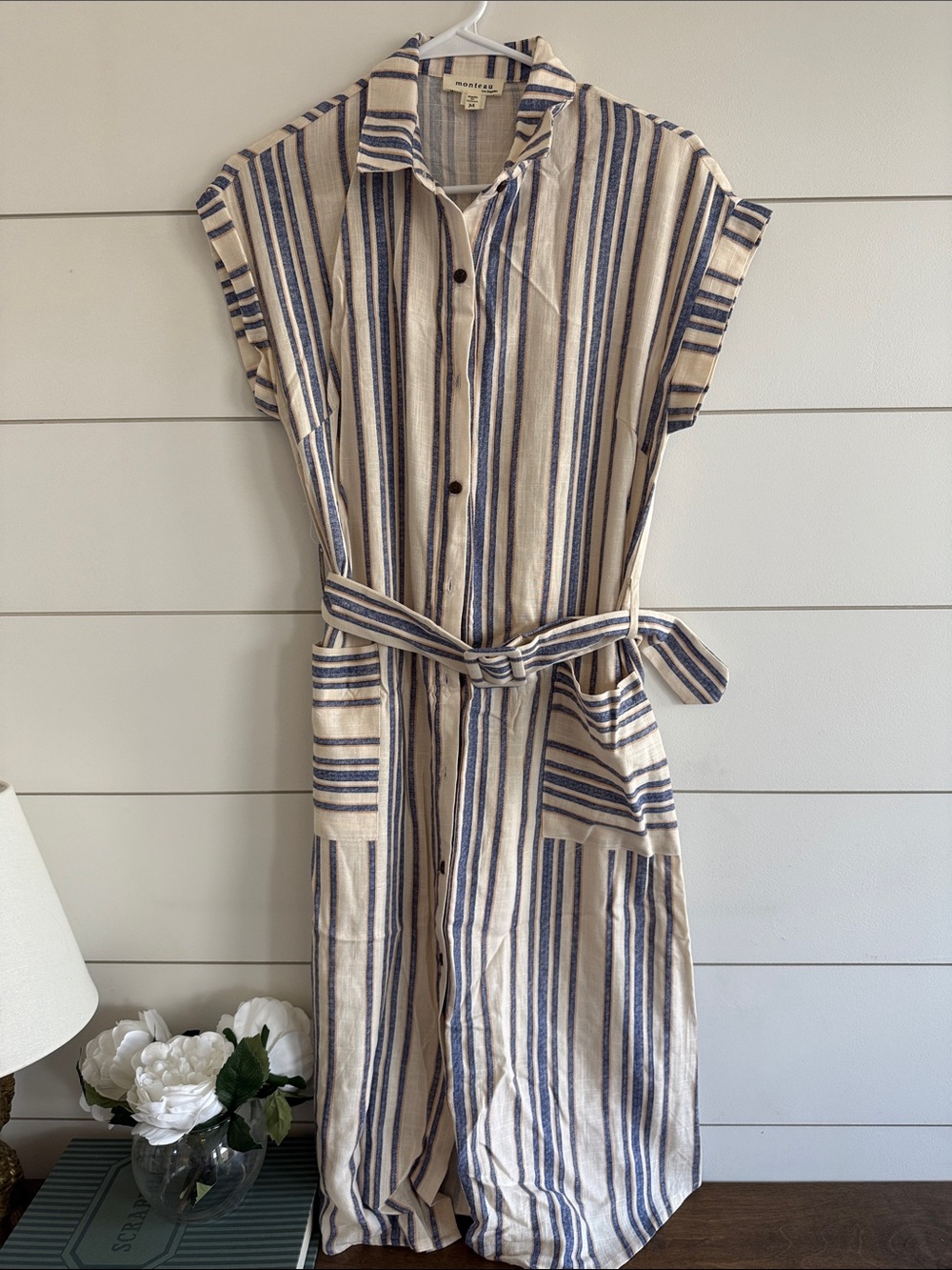 Monteau Beige and Blue Vertical-Striped Midi Shirt Dress